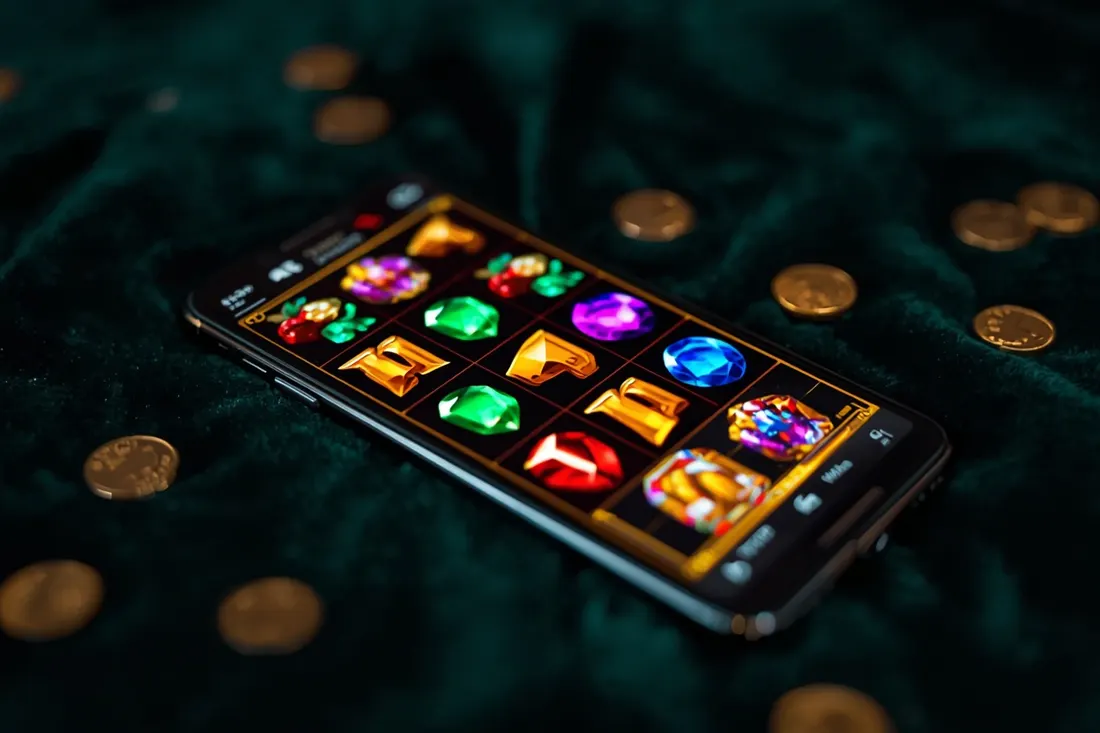 Phone showing an online slot with fruit and gem symbols Phone showing an online slot with fruit and gem symbols