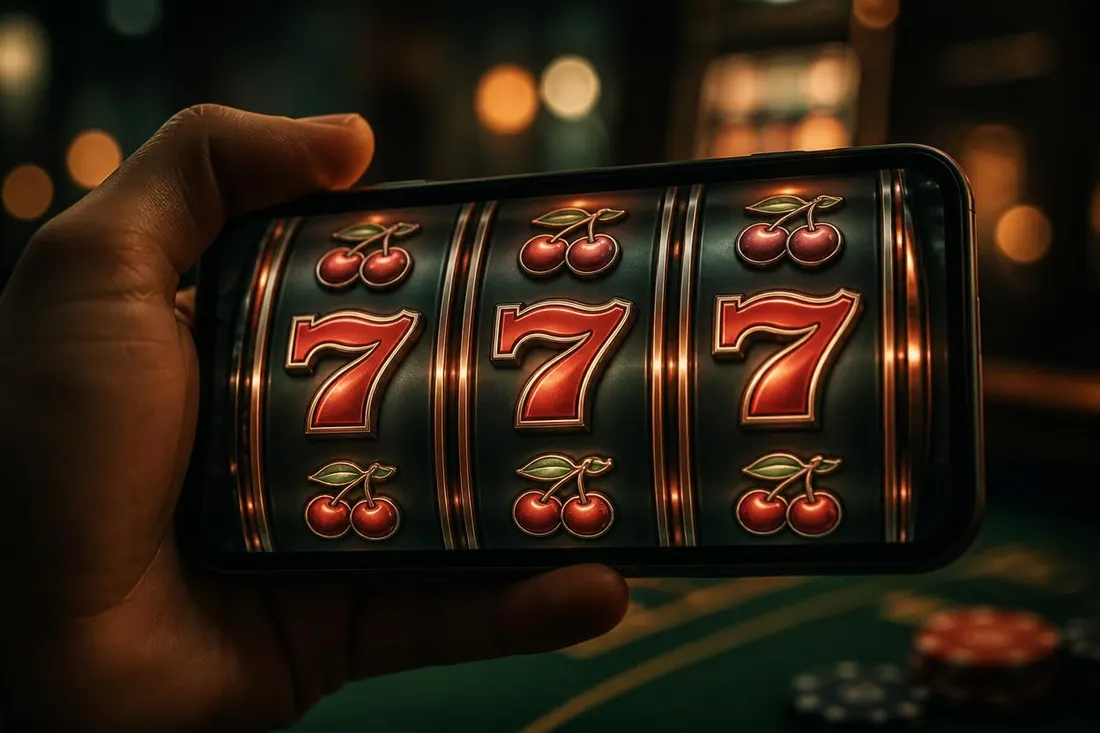 Hand holding a phone with slot reels on the screen Hand holding a phone with slot reels on the screen