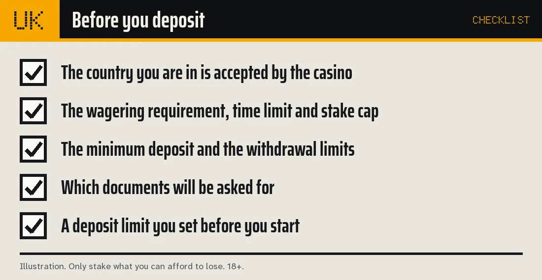 Checklist of five things to check before a first deposit: accepted country, bonus terms, limits, documents and a personal deposit limit