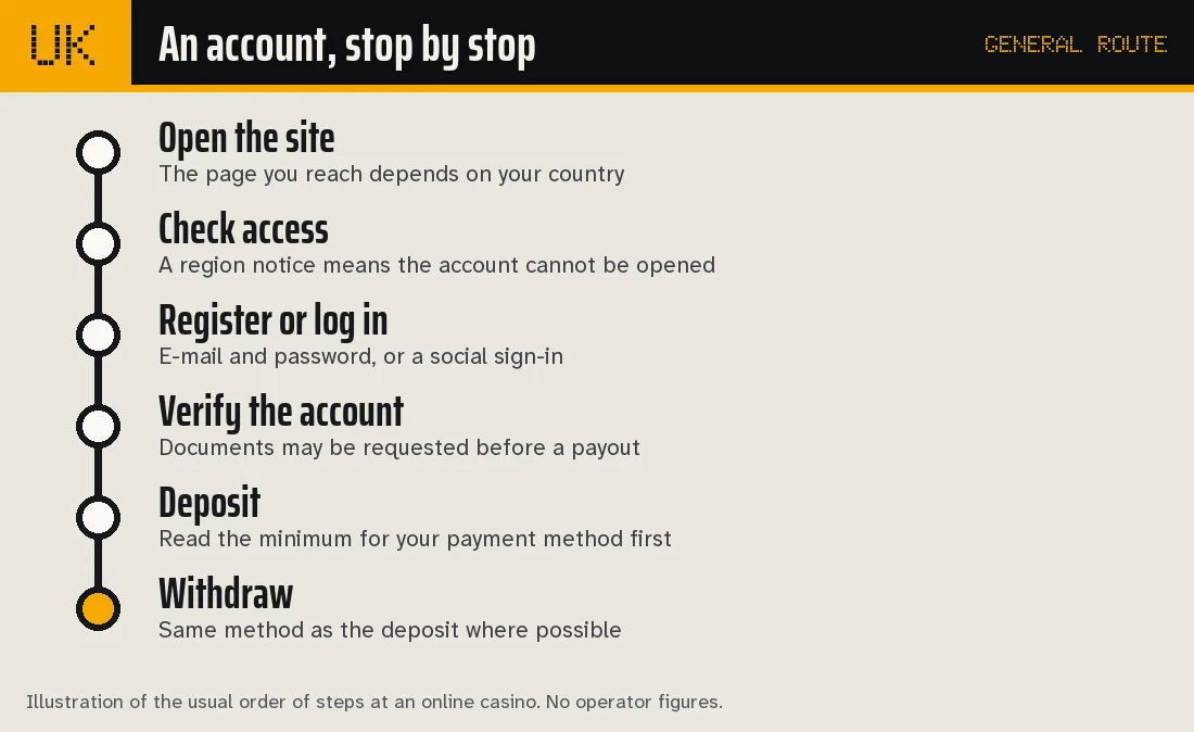 Route diagram with six stops: open the site, check access, register or log in, verify the account, deposit and withdraw, each with a one-line note