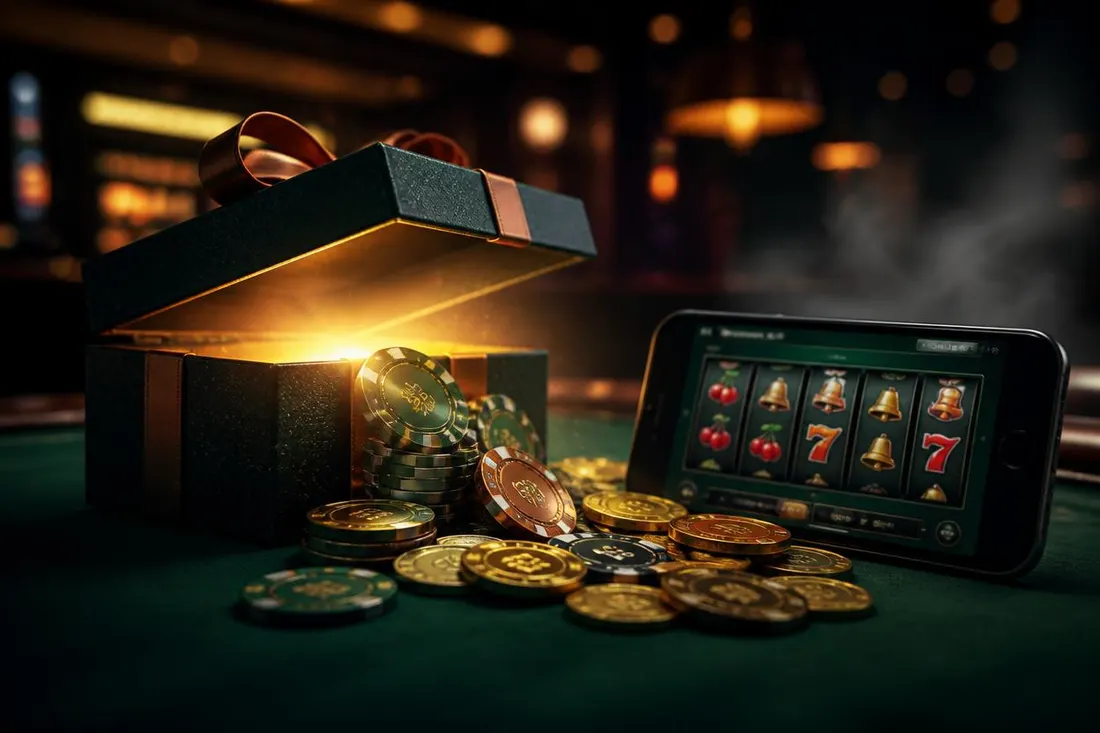 Gift box with chips next to a phone with a slot game Gift box with chips next to a phone with a slot game