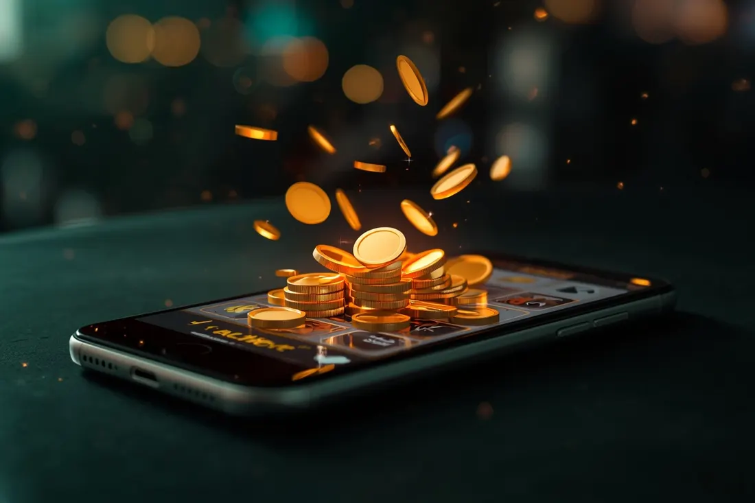 Gold coins bursting out of a phone with a slot game Gold coins bursting out of a phone with a slot game